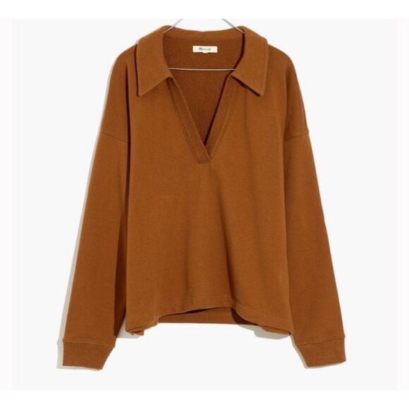 Madewell $80 Cotton-Hemp Oversized Polo Sweatshirt brown women's medium NEW - Picture 1 of 12